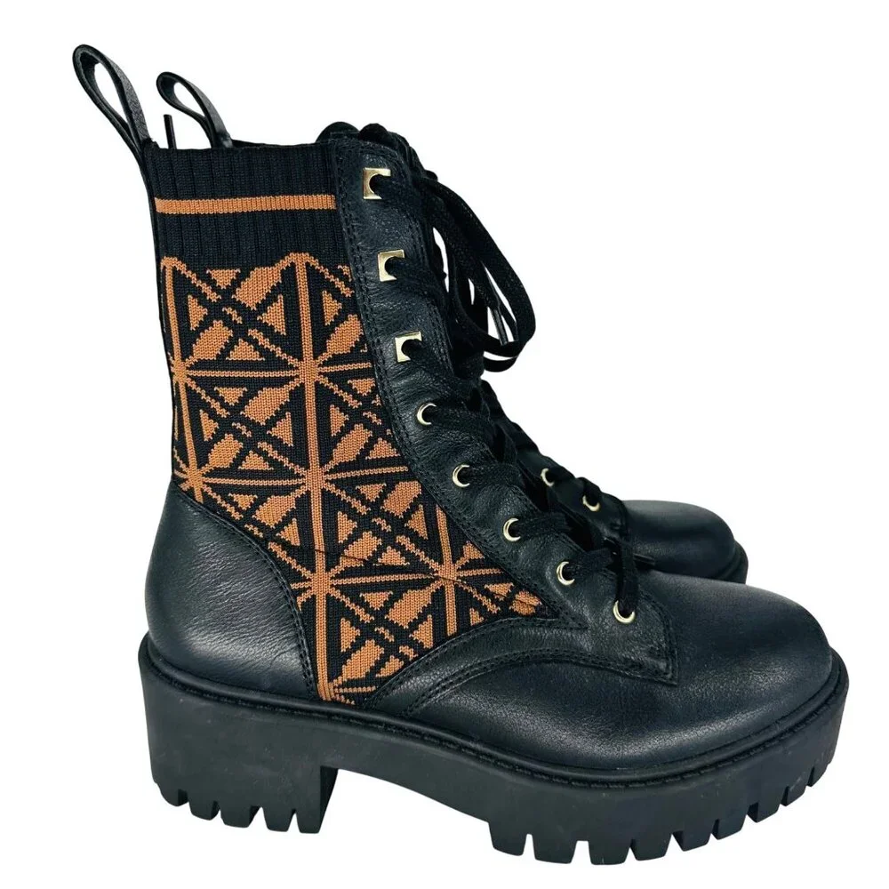 Antonio Melani Womens Black Brown Dempsey Leather Fabric Lace Up Combat Boots 6M - Picture 4 of 11